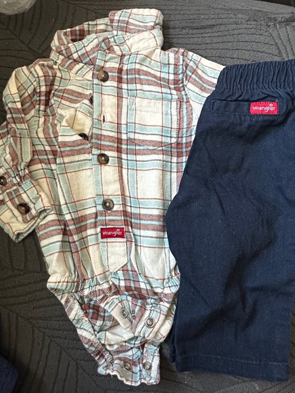 Wrangler Cream, Brown & Light Blue Plaid Onesie with Navy Shorts